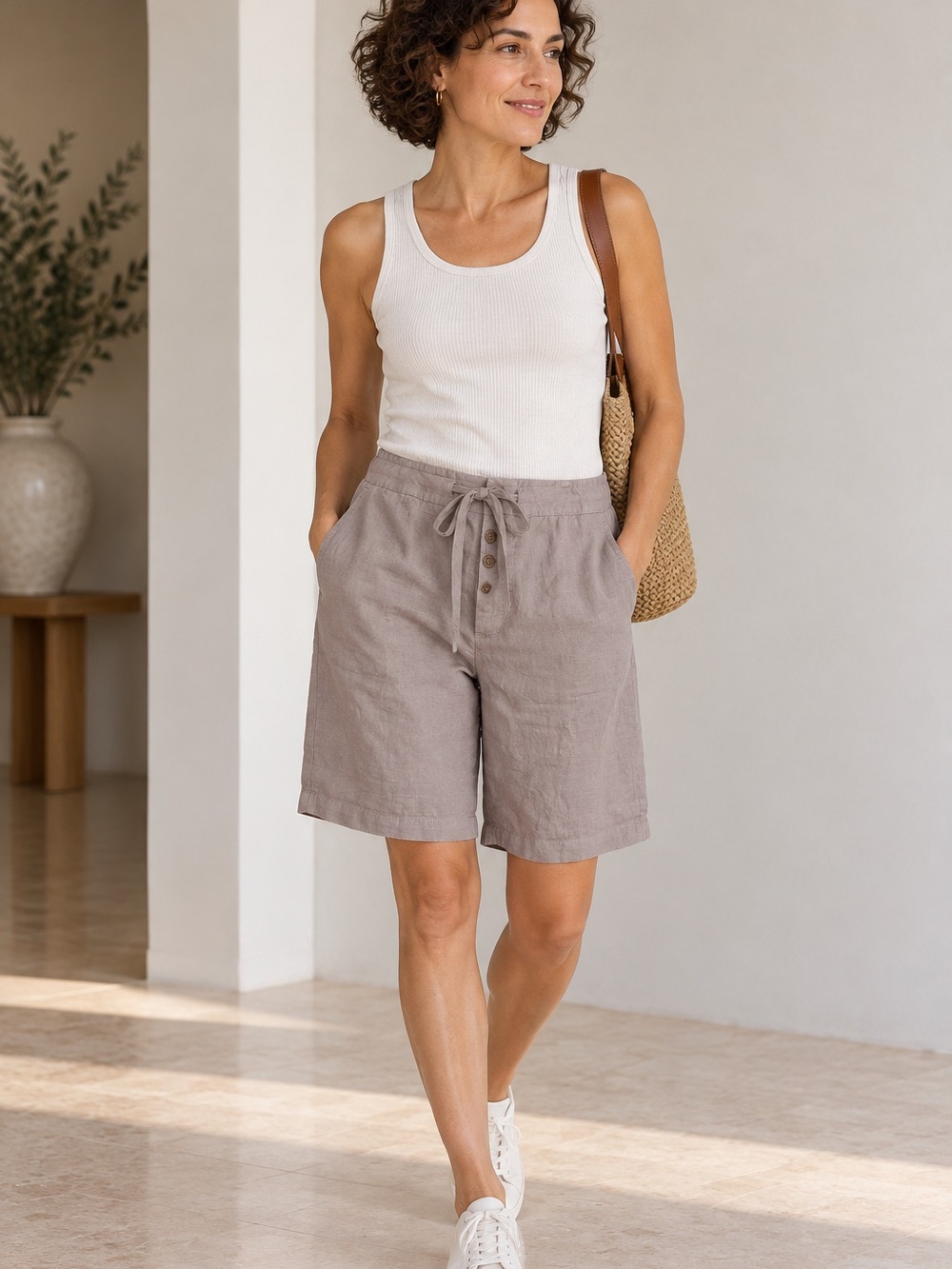 🌸MAKE OFFER🌸 Yunhi High-Rise Drawstring Linen Blend Bermuda Shorts Taupe Sz 8